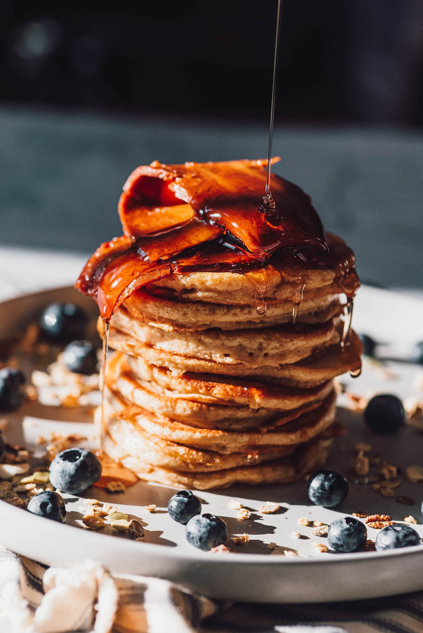 vegan bacon blueberry wholemeal pancakes