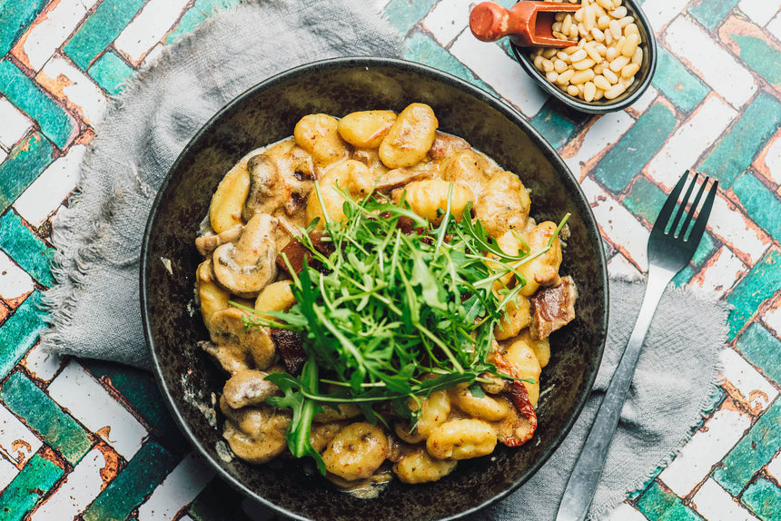 One-Pan Creamy Vegan Gnocchi with Smoky Steak & Mushrooms Recipe